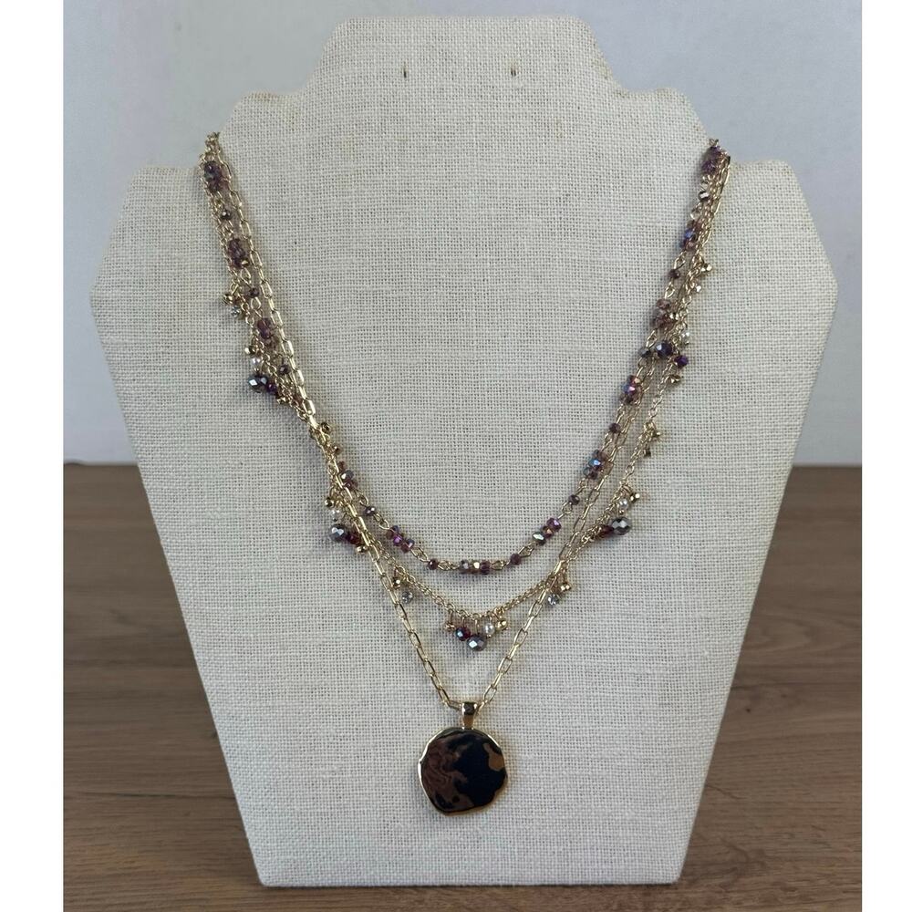 Style & Co. 22" to 24" Purple Beaded Necklace Layered Beads Hammered Pendant
